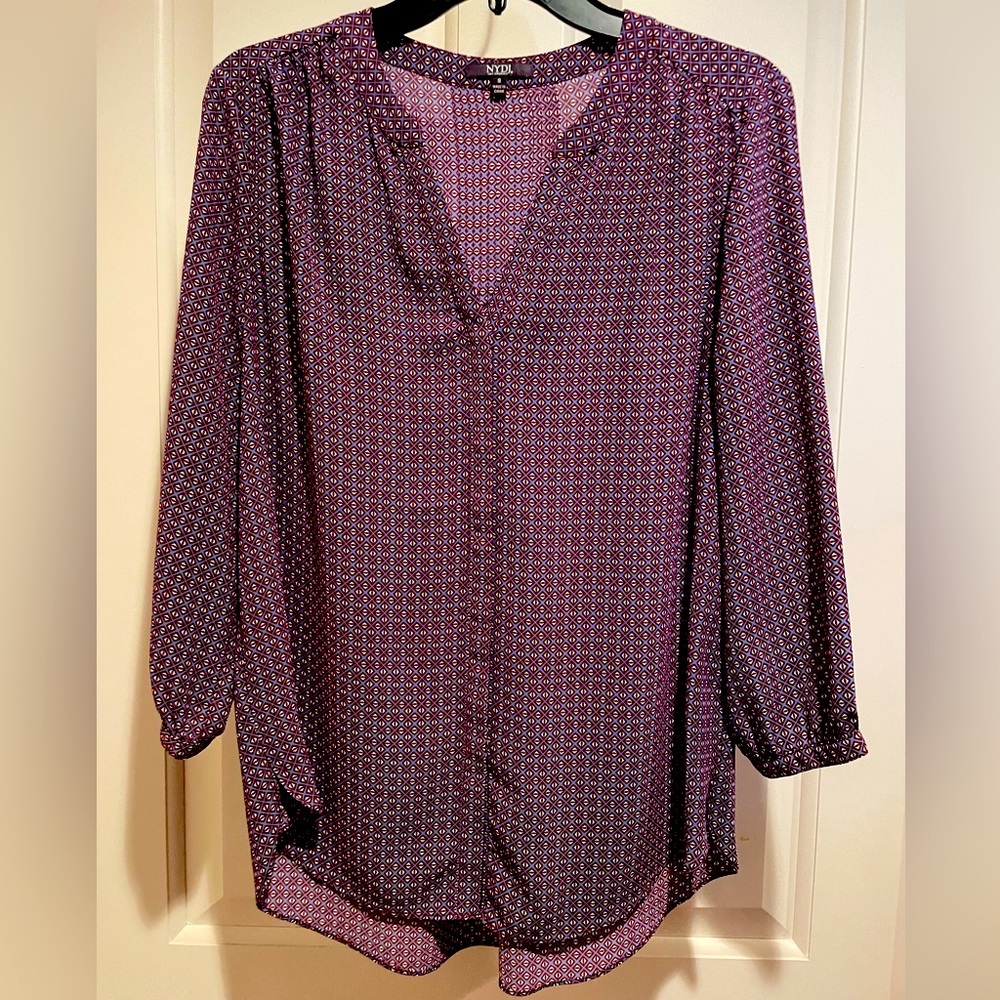 NYDJ Pintuck Blouse, Size S, Concealed Button V-neck Front.
